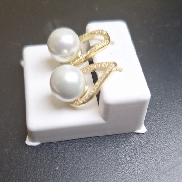 Gold 925 Sterling Silver Pearl Drop Earrings with Cubic Zirconia Accents - Picture 2 of 3